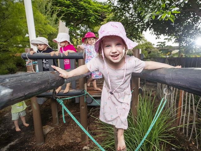 Eleanor Phillips 3 (front), Giorgio Belperio 2, Goldie Pettyborne 2 and Felicity Matthews 3, playing at Everton Park Child Care which has been rated excellent by the Australian Children's Education and Care Quality Authority. Photo Lachie Millard