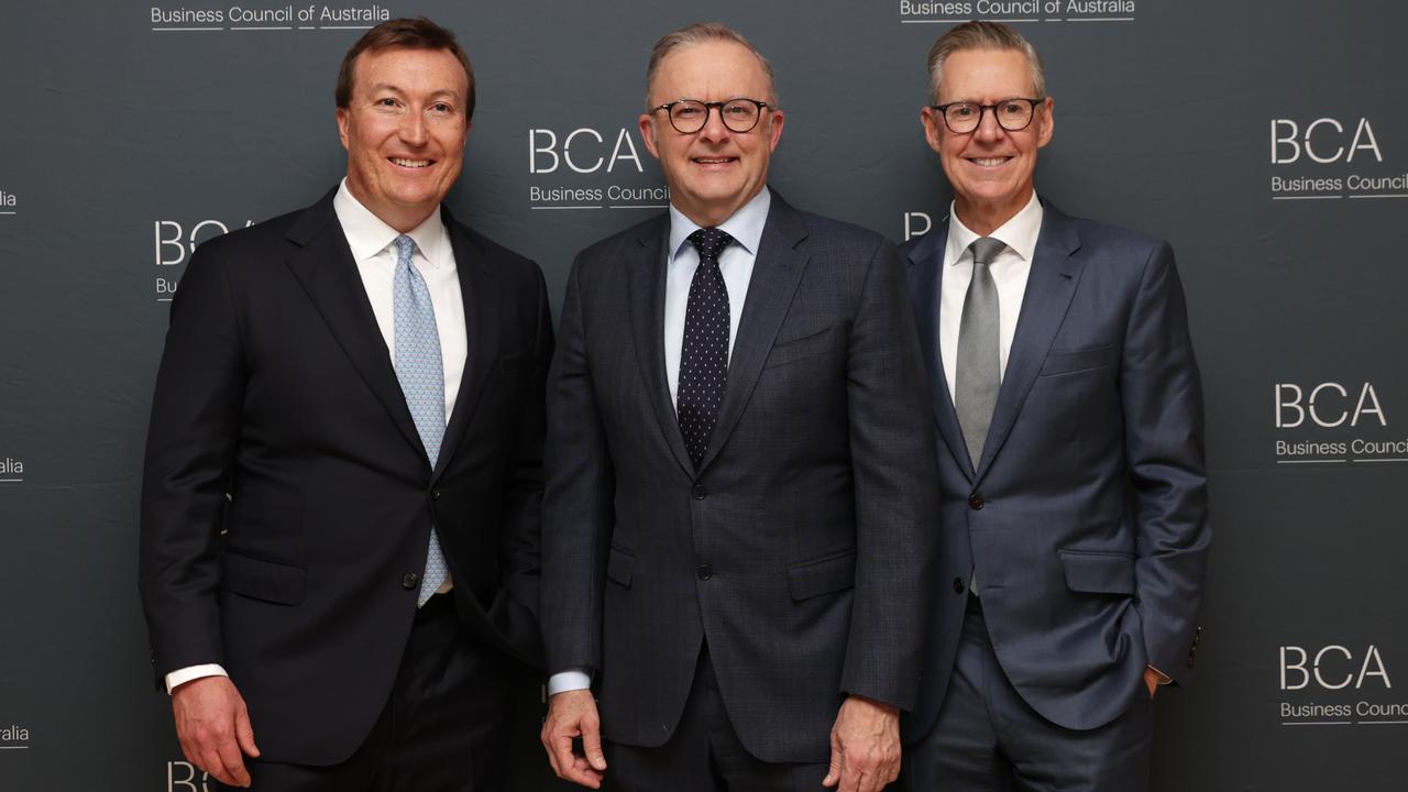 CEO BCA Bran Black, Prime Minister Anthony Albanese and BCA President Geoff Culbert on Tuesday night. Picture: Jane Dempster