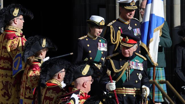 King Charles with Princess Anne and Timothy Lawrence outside St Giles Cathedral. Picture: Getty Images.