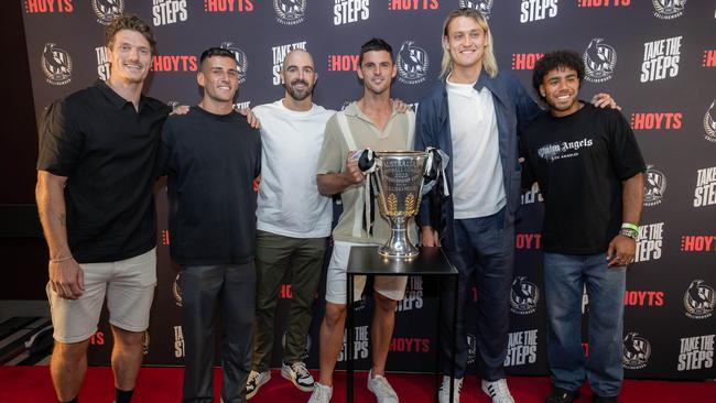 Brody Mihocek, Nick Daicos, Steele Sidebottom, Scott Pendlebury, Darcy Moore Isaac Quaynor. Picture: Jason Edwards