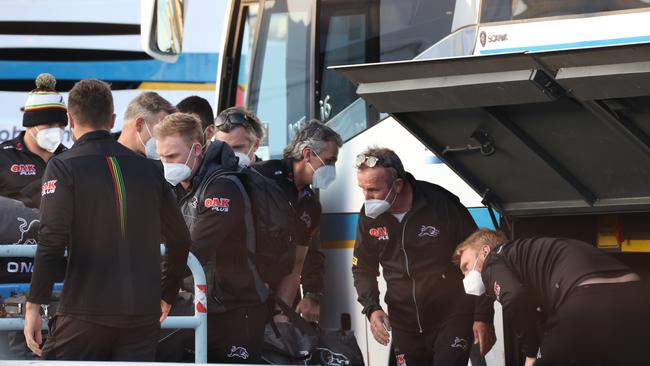 Penrith players and officials on the Sunshine Coast as they set up in Queensland hubs after a large Covid outbreak in Sydney. Picture: Lachie Millard.