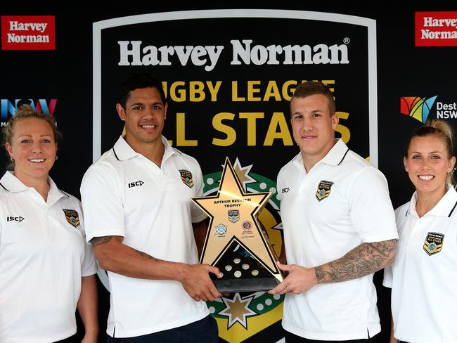 Jillaroos veteran Rebecca Young, Knights duo Dane Gagai and Trent Hodkinson, and Australian fullback Sam Bremner at the launch of the All Stars match in Newcastle. Picture: Peter Lorimer