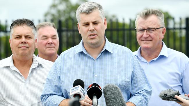 Minister for Police and Community Safety, Mark Ryan, provides an update on Stage 1 of the new Kirwan Police Complex as local Labor MPs Aaron Harper, Scott Stewart, and Les Walker listen. Picture: Shae Beplate.