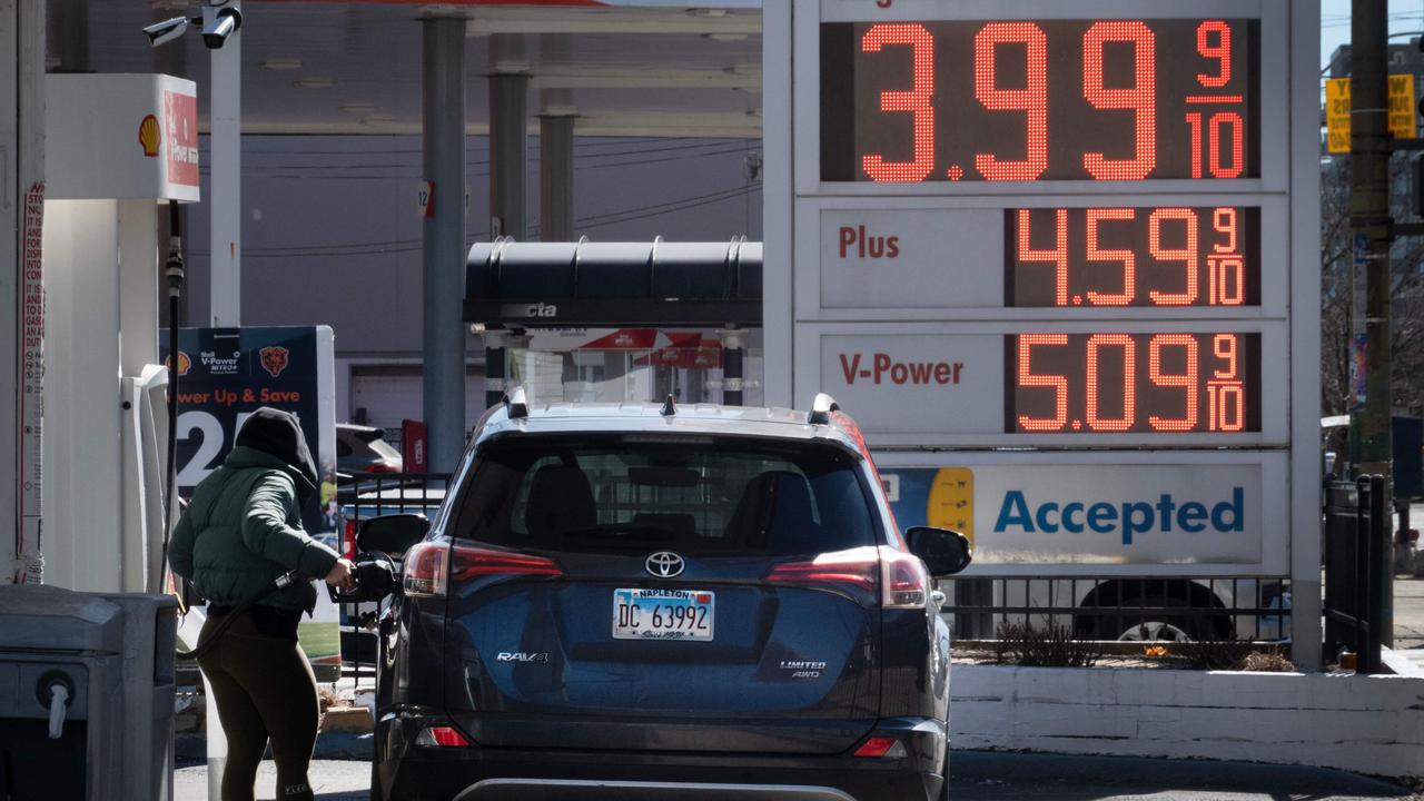 The price of gasoline is displayed at a gas station on March 06, 2025 in Chicago, Illinois. Gas prices are expected to rise in several regions of the United States that rely on Canadian oil after the Trump administration implemented a 10 per cent tariff on all Canadian oil products. Picture: Scott Olson / Getty Images via AFP