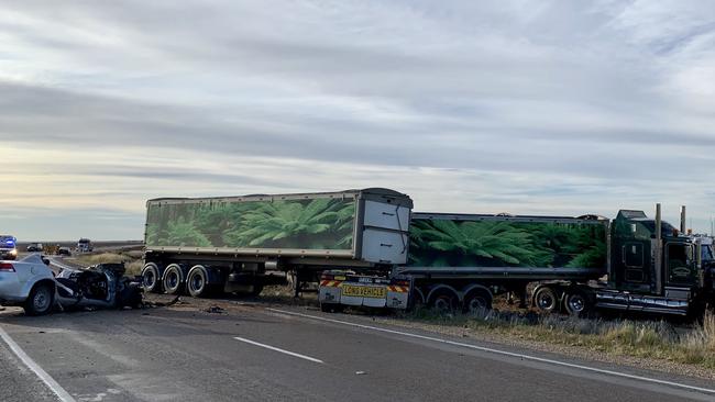 The Yorke Highway was blocked to traffic after a car and truck collided head-on. Picture: Lauren Rose/7 News Adelaide