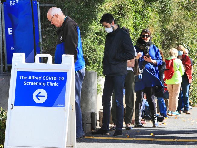 Queues for testing at The Alfred hospital. Picture: Aaron Francis