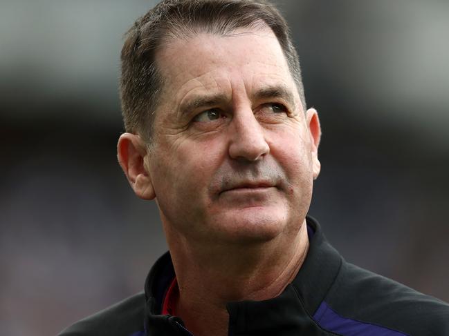 Ross Lyon, Senior Coach of the Dockers looks on during the Round 20 AFL match between the Fremantle Dockers and the Geelong Cats at Optus Stadium in Perth, Saturday, August 3, 2019.  (AAP Image/Gary Day) NO ARCHIVING, EDITORIAL USE ONLY