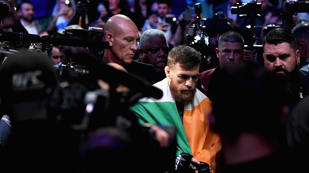 LAS VEGAS, NV - OCTOBER 06: Conor McGregor of Ireland enters the arena before competing against Khabib Nurmagomedov of Russia in their UFC lightweight championship bout during the UFC 229 event inside T-Mobile Arena on October 6, 2018 in Las Vegas, Nevada. Harry How/Getty Images/AFP == FOR NEWSPAPERS, INTERNET, TELCOS &amp; TELEVISION USE ONLY ==