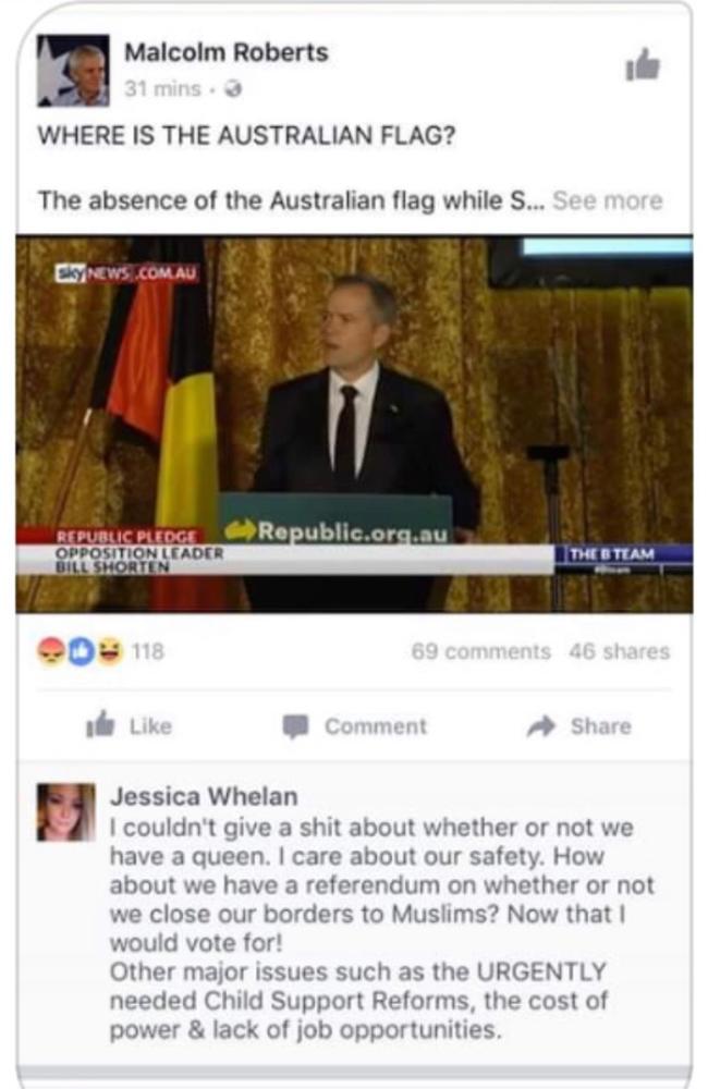 Comments about Muslim immigration allegedly made by Liberal candidate Jessica Whelan on Facebook. 