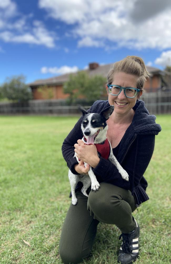 Health promotion officer Bonnie Morrison enjoying a Preston park with her dog. Picture: Kirra Grimes