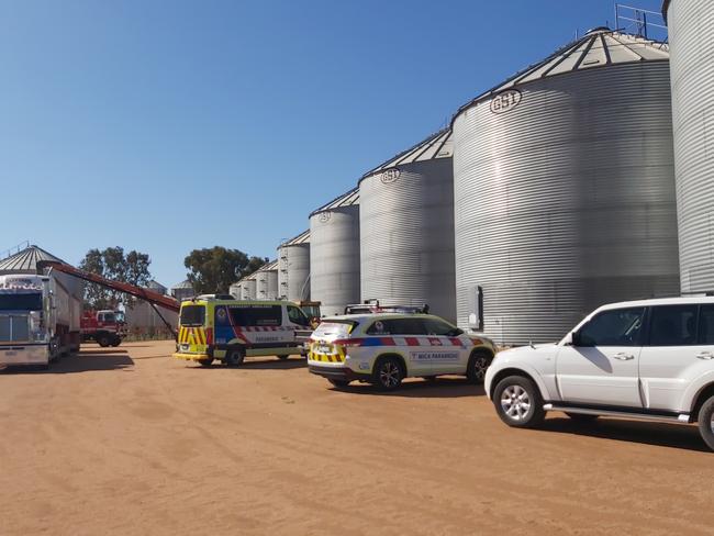 Country Fire Authority crews assisted in the rescue of a man whose leg was caught in an auger while sweeping the inside of an empty silo at Ultima - Meatian, Swan Hill on Tuesday September 14. Picture: CFA.