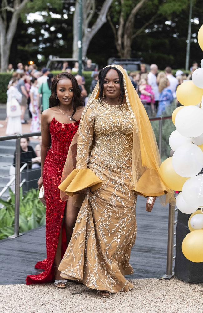 Karene Muyoboke (left) and Marwa Ibrahim at Centenary Heights State High School formal at Picnic Point, Friday, November 15, 2024. Picture: Kevin Farmer