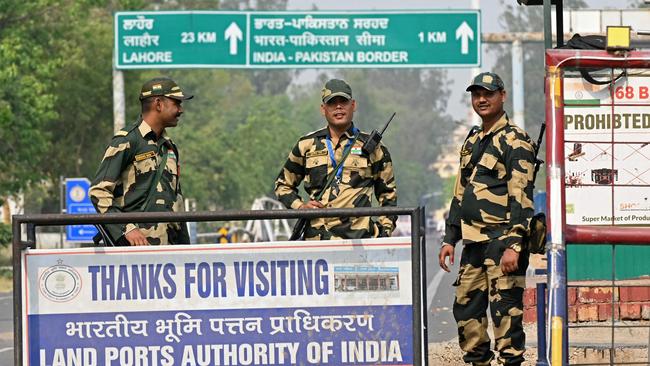 Indian Border Security Force soldiers guard the closed Wagah-Atari border crossing on Thursday. Picture: AFP