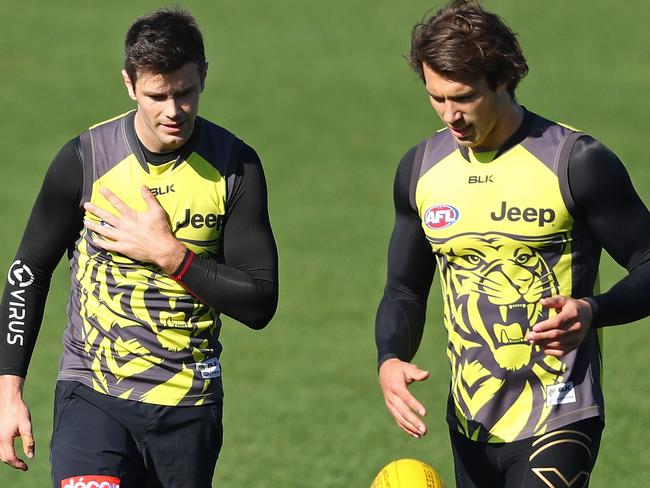 Trent Cotchin and Alex Rance at a Tigers training session