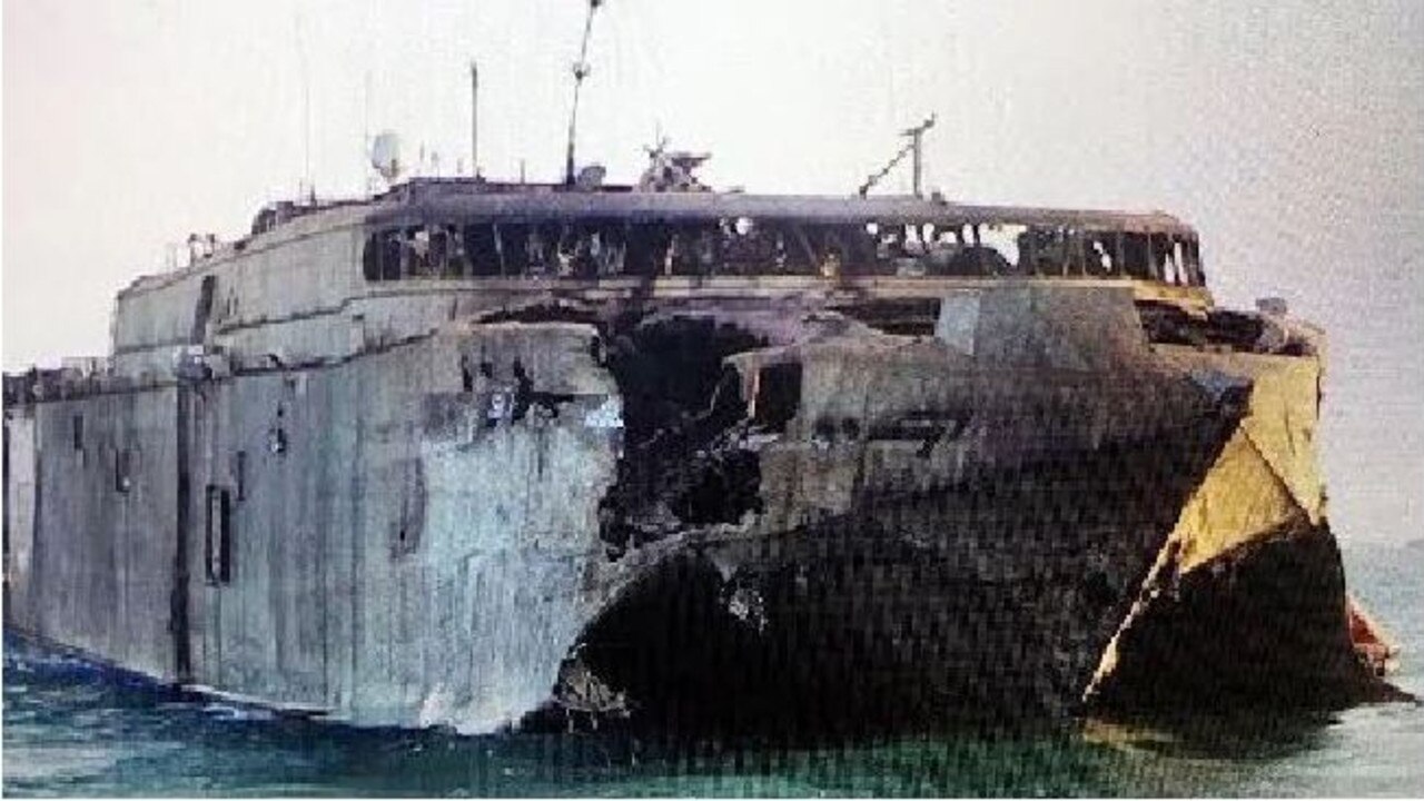 The burnt-out wreck of the Incat-built HSV Swift, a protytpe vessel used by Saudi Arabia after having served with the US Navy. It was struck by a missile of the coast of Yemen.