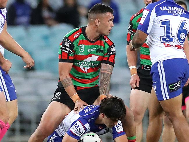 Rabbitoh's Jaydn Su'A is sent off for 10 after his tackle on Bulldog's Lachlan Lewis during NRL match between the South Sydney Rabbitohs and Canterbury Bulldogs at ANZ Stadium. Picture. Phil Hillyard