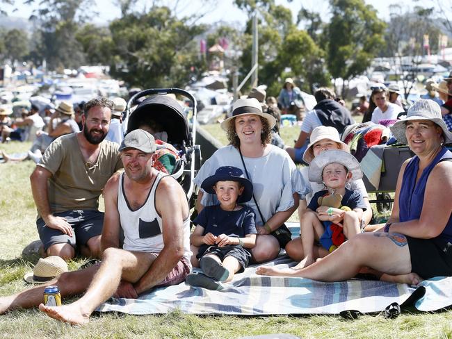 Falls Festival Day 3 at Marion Bay, New Years Eve. Daniel, left, Louisa, 3, Nathan, Elias, 6, Caroline, Lachlan, 4, Abi, 9, Katie Johnson. PICTURE: MATT THOMPSON