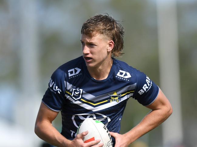 Cowboys playmaker Jaxon Purdue on club debut against the Broncos in a 2024 NRL trial match in his hometown, Mackay. Picture: Scott Davis