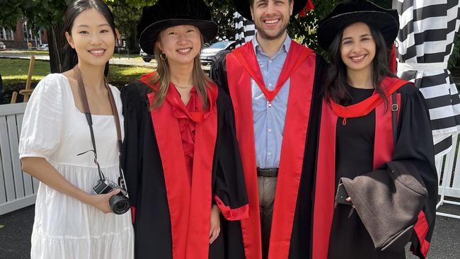 Coco Dong, Dr Susie Wang (PhD in Medical Biology), Dr Benjamin Seager (PhD in Medical Biology) and Dr Ushma Ruparel (PhD in Medical Biology) at the University of Melbourne graduations held at the Royal Exhibition Building on Tuesday, December 17, 2024. Picture: Jack Colantuono