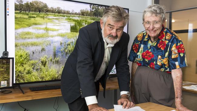 Oakey Coal Action Alliance secretary Paul King and president Aileen Harrison react to the High Court decision on New Acland coal mine, Wednesday, February 3, 2021. Picture: Kevin Farmer