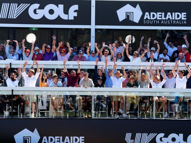 ADELAIDE, AUSTRALIA - NewsWire Photos 21, April, 2023: Members of the Crowd party at the 12th hole at the Livi Golf tournament at the Grand golf course, Adelaide.  Picture: NCA NewsWire / Kelly Barnes