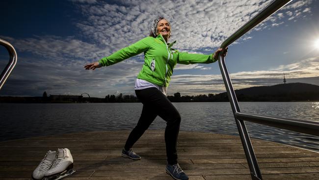 Figure skater Maxine Gray, 75, at Lake Burley Griffin, Canberra. Picture: Sean Davey