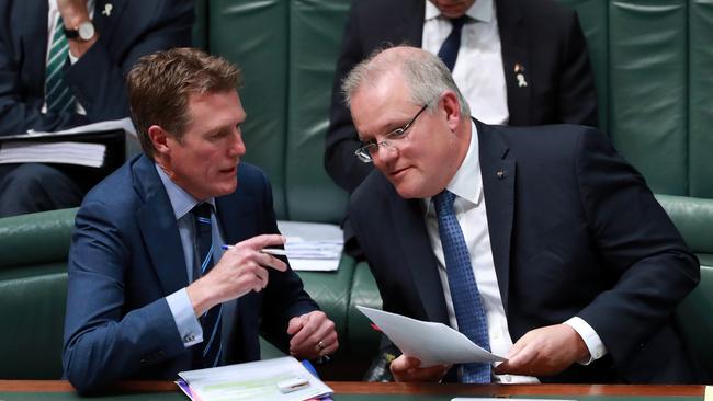 Prime Minister Scott Morrison with Attorney-General (Leader of the House) Christian Porter during Question Time in the House of Representatives in Parliament House in Canberra. Picture Gary Ramage