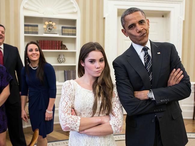 “The President had just met with the U.S. Olympics gymnastics team, who because of a previous commitment had missed the ceremony earlier in the year with the entire U.S. Olympic team. The President suggested to McKayla Maroney that they recreate her ‘not impressed’ photograph before they departed (November 15, 2012).” Picture: Pete Souza/The White House