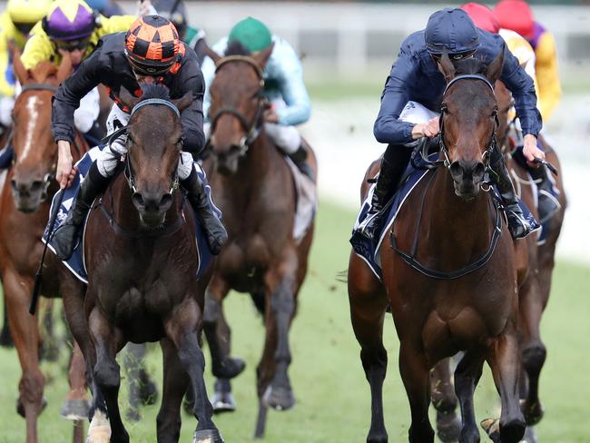 Gamay, ridden by Declan Bates (blue cap), holds out favourite Vegas Jewel.