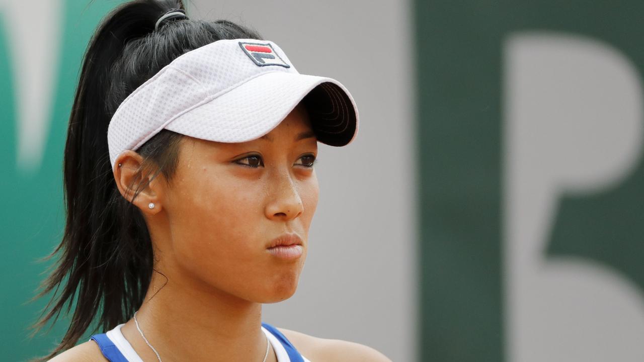 Priscilla Hon reacts after losing to Madison Keys.