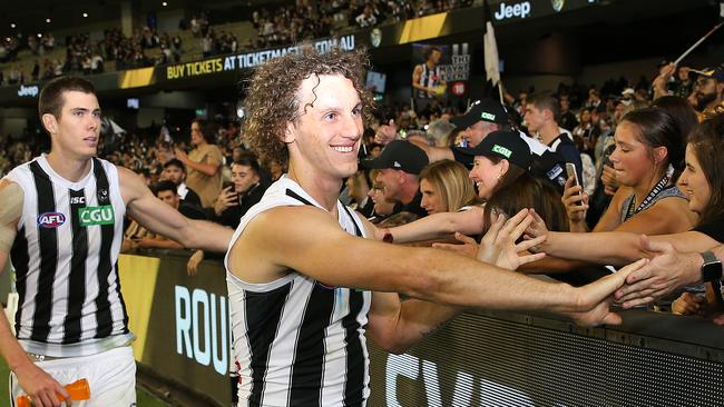 Chris Mayne was all smiles after playing a key role in Collingwood’s win over Richmond. Picture: Michael Dodge/Getty Images.