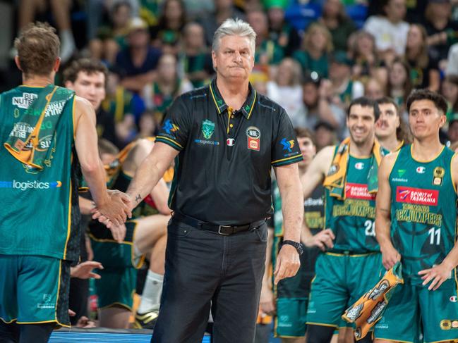 HOBART, AUSTRALIA - JANUARY 5: Tasmania JackJumpers head coach Scott Roth during the round 15 NBL match between Tasmania Jackjumpers and South East Melbourne Phoenix at MyState Bank Arena, on January 5, 2025, in Hobart, Australia. (Photo by Linda Higginson/Getty Images)