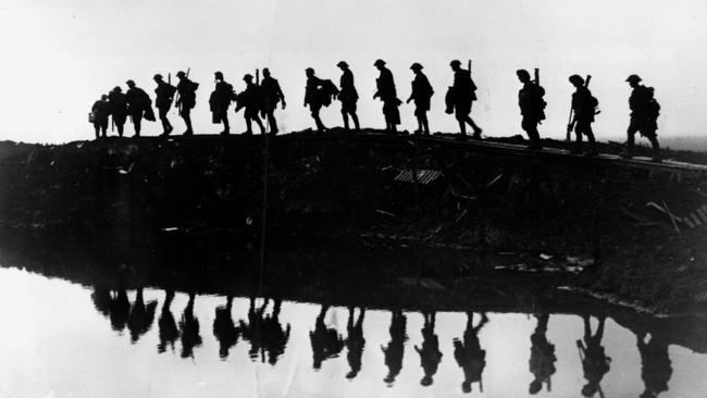 Soldiers of the 1st Australian Division on the Western Front, near Hooge, in Belgium. Picture: James Francis “Frank’’ Hurley/Australian War Memorial