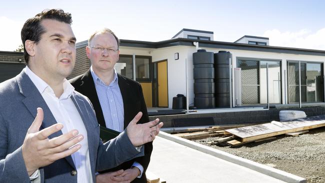 Federal Housing Minister Michael Sukkar and Tasmanian Minister for Housing Roger Jaensch. Minister Sukkar said the First Home Loan Deposit Scheme will help first-time buyers get into the market sooner. Picture: Chris Kidd.