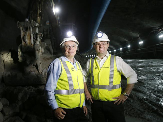 Sydney Motorway Corp chief executive Dennis Cliche Sydney and Minister for WestConnex Stuart Ayres inspect work in the M4 East tunnel.