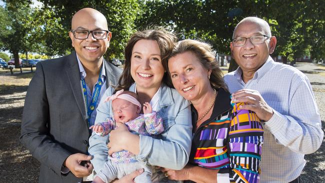 Dr Sushen Naidoo, Corrie Leebody and her Mum Jacqui Canning, Dr Jan Naidoo and baby Hazel. Picture: Rob Leeson.