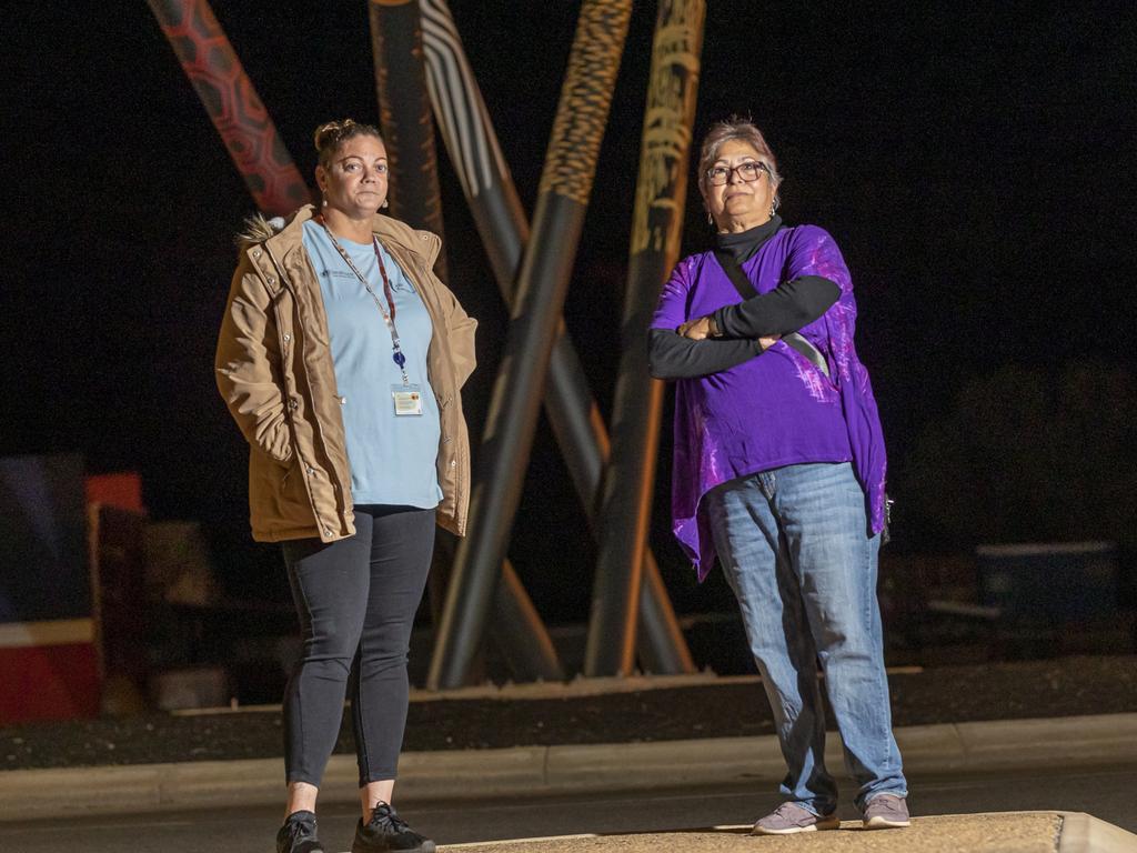 Jackie Cameron and Courtney Mongoo take to the Carnarvon streets at night. Picture: Jon Gellweiler/news.com.au