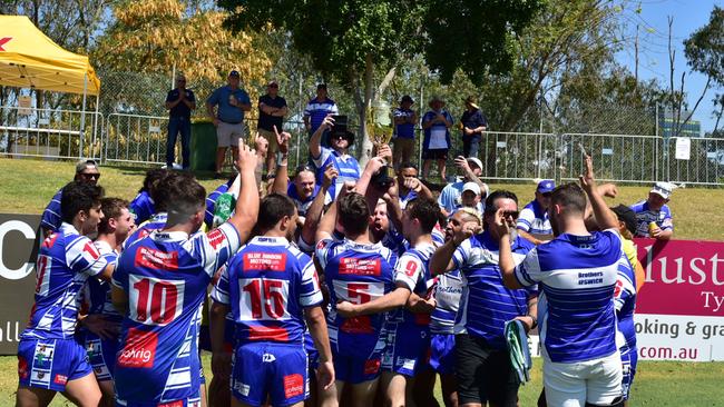 Brothers C-Grade champions thank their fans after beating Redbank Plains in the grand final at the North Ipswich Reserve. Picture: Bruce Clayton