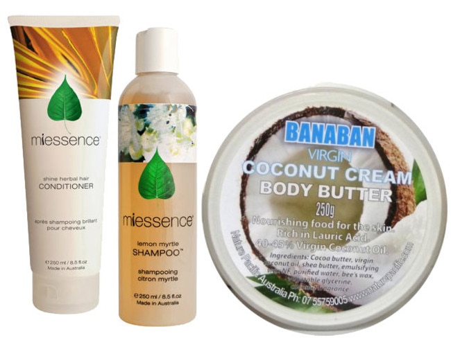 Miessence shampoo and conditioners and Banaban Virgin Coconut Cream body butter..