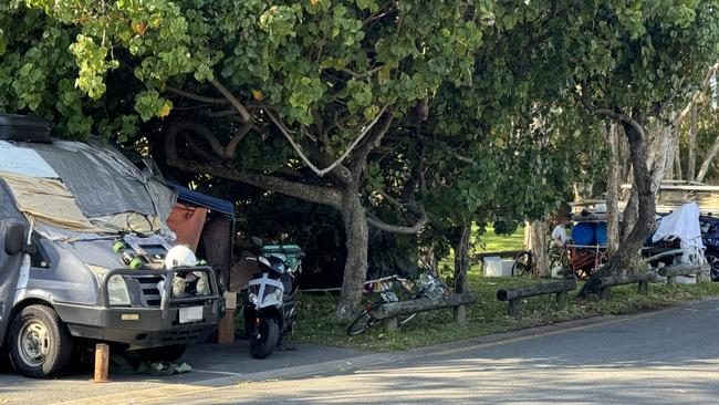 Illegal campers pictured near the tourist park in Burleigh on Saturday.