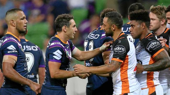 WILD WESTS: Benji Marshall's Tigers spoiled Billy Slater's 300th NRL game with a 10-8 defeat of the Storm at AAMI Park. Picture: HAMISH BLAIR