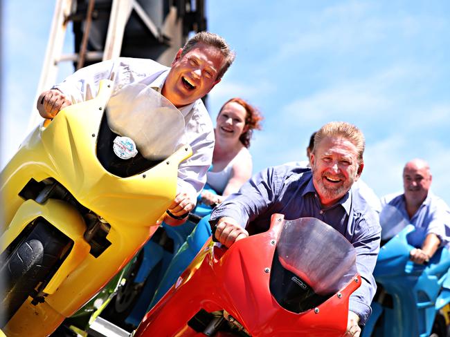 LNP Leader Tim Nicholls rides the Motocoaster at  Dreamworld.Pic Annette Dew