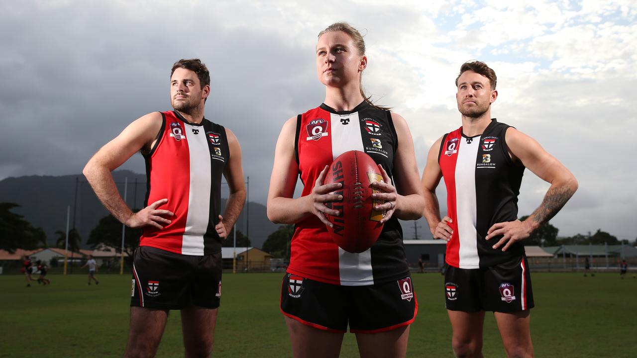 The Cairns Saints seniors, reserves and women's teams will all play in the AFL grand final matches. Brock Bish, Freya Reilly and Cade Wellington will captain their respective teams in the grand final matches on September 18. Picture: Brendan Radke