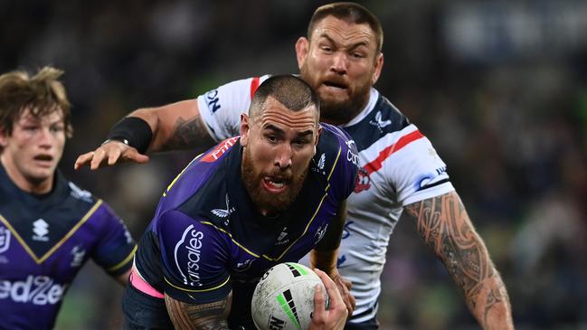 Nelson Asofa-Solomona and Jared Waerea-Hargreaves took aim at each other in the Storm-Roosters clash. Picture: Quinn Rooney/Getty Images