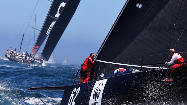 Whisper (R) chasing Comanche at the start of the last Sydney to Hobart.