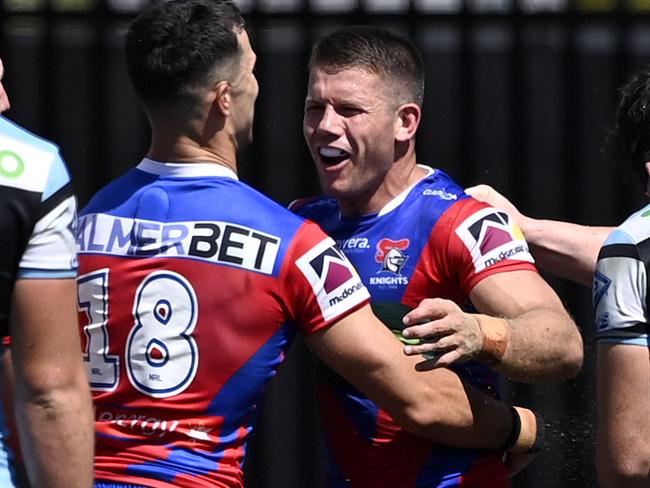 PRE 2024 RD01 Newcastle Knights v Cronulla-Sutherland Sharks - Jack Cogger, try, celeb NRL PHOTOS