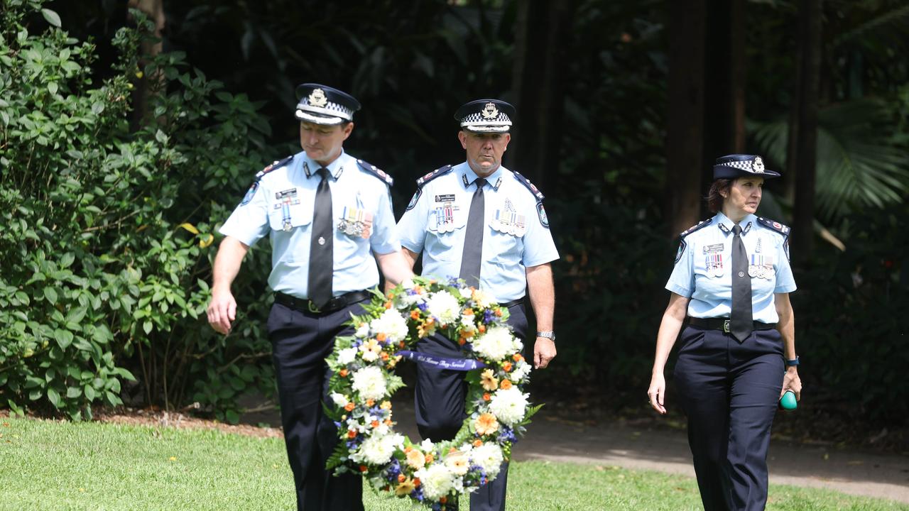 Tributes at the Police memorial in the Brisbane Botanic Gardens. Pic Annette Dew