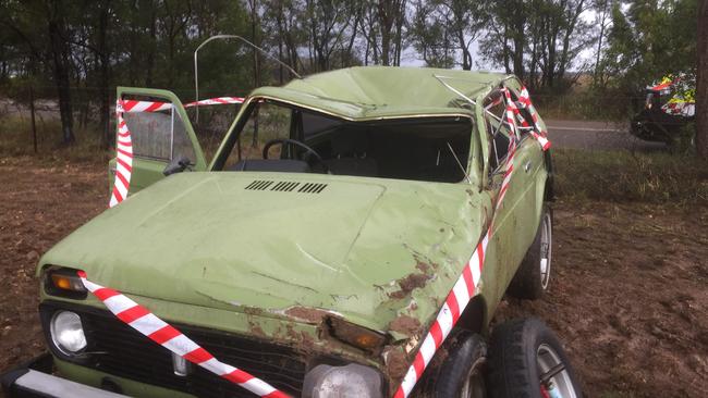 SUNDAY TELEGRAPH SPECIAL. Pride of Australia: Thomas Shannon's Lada Niva after the accident on Windellama Rd, Windellama. Picture: Supplied