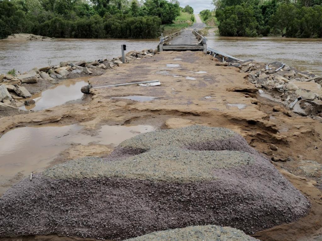 Ted Cunningham Bridge over the Bowen River washed away in floodwater. Picture: Katrina Lezaic