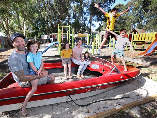 A Drysdale house with a playground to rival many public parks is on the market. Vendor Daniel Fear has six children aged 14-3 he relocated the equipment from Drysdale Primary School. Daniel Fear with Dotti 5yrs, Piper 9yrs, Crystal Fear, Summer 3yrs, Chase 12yrs and Abel 6yrs.  picture: Glenn Ferguson